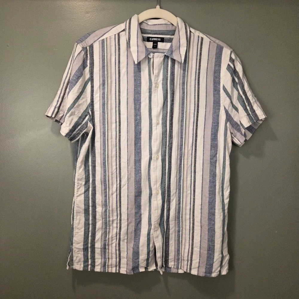 Express Men's Linen & Cotton Striped Short Sleeve Button Up Size S Camp Collar